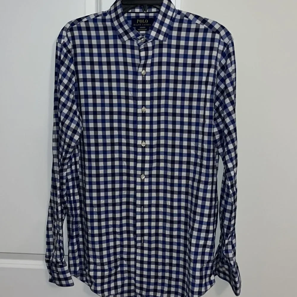 Polo by Ralph Lauren Blue Gingham check plaid performance travel shirt M swept